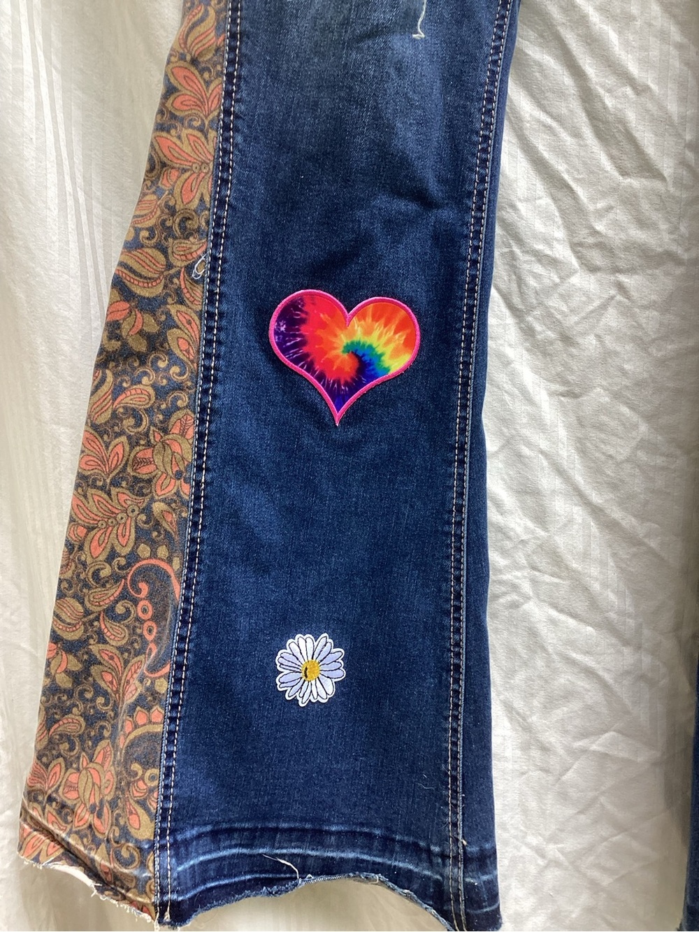 Est. 1946 Dark Blue Flared Patchwork Jeans with Embroidered Patches, size 12 - Picture 3 of 7